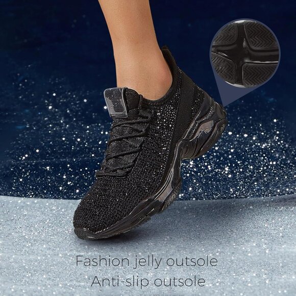 Women Black Rhinestone Mesh Slip On Walking Breathable Sparkle Glitter Sneaker - Picture 3 of 9